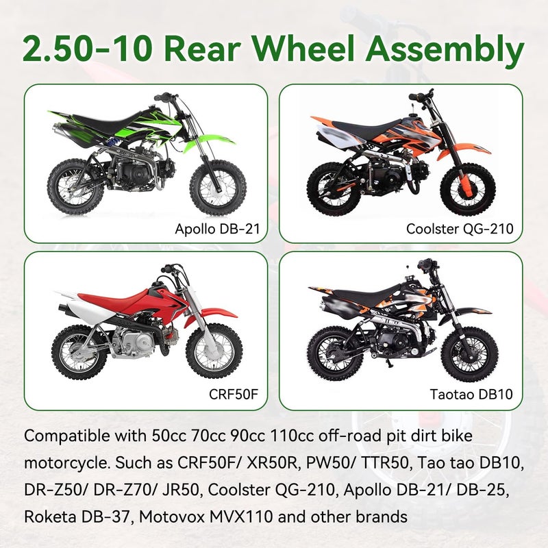 XIKOBY 2.50-10 Dirt Bike Rear Wheel Drum Brake Assembly Compatible with CRF50 XR50 TTR50 SSR Taotao Apollo, 2.5-10 2.50x10 Tire & Rim for 50cc 70cc 90cc 110cc Pit Bike Off Road Motorcycle Parts - Image 5